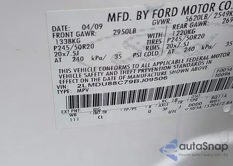 2009 Lincoln Mkx from USA, damaged, VIN 2LMDU88C79BJ09506